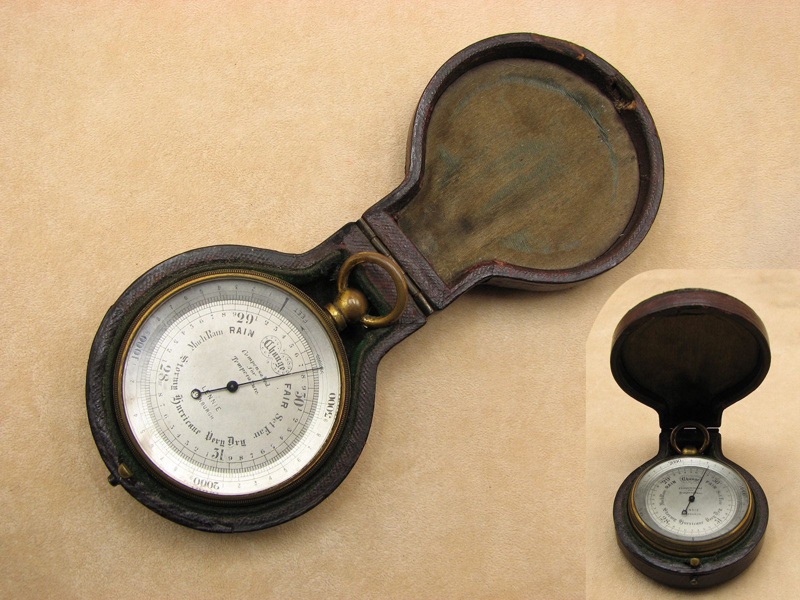 Rare pocket barometer with 'Hurricane' forecast,signed Lennie Edinburgh